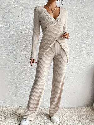 Ribbed knit lounge set with crossover v-neck top and wide leg pants in Dust Storm.