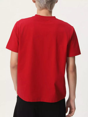 Red cotton blend t-shirt with crew neck and short sleeves, back view
