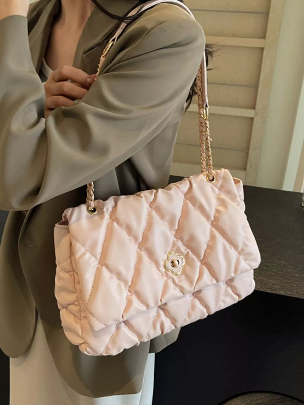 Quilted Chain Shoulder Bag in Pink, fabric detail