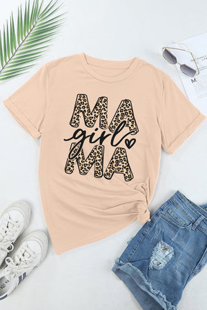Peach graphic tee with leopard print "Mama Girl Mama" text and a heart detail.