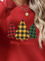 Red crewneck sweatshirt with plaid trees graphic and Merry Christmas text.