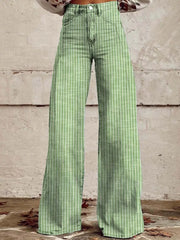 Green striped high-waisted wide-leg denim jeans with pockets