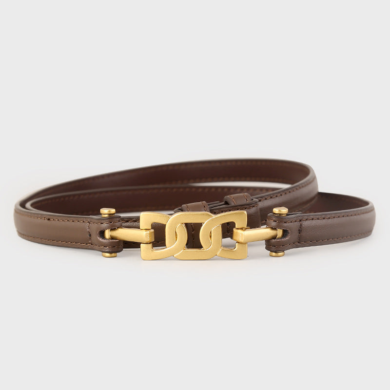 Brown leather belt with brushed gold chain-link detail
