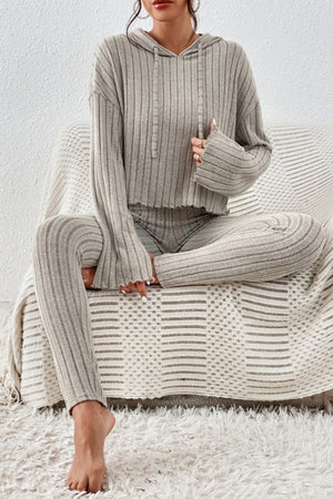 Beige ribbed knit cropped lounge set with bell sleeves and matching leggings.