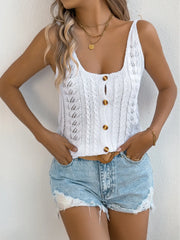 White cable knit tank top with button front and scoop neck