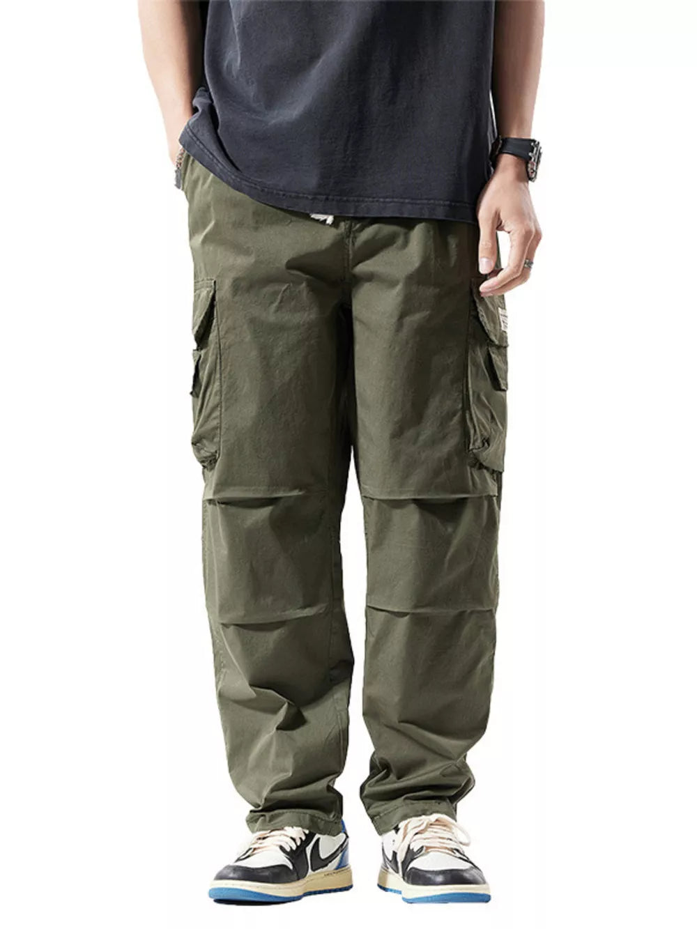 Men's army green cargo pants with multiple pockets and a relaxed fit.