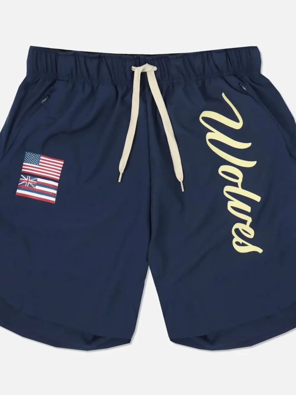 Navy active drawstring shorts with Wolves script logo and flag patch.