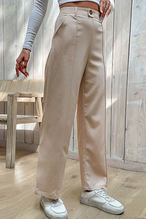 Beige tailored seam wide-leg trousers with a high waist and button closure.