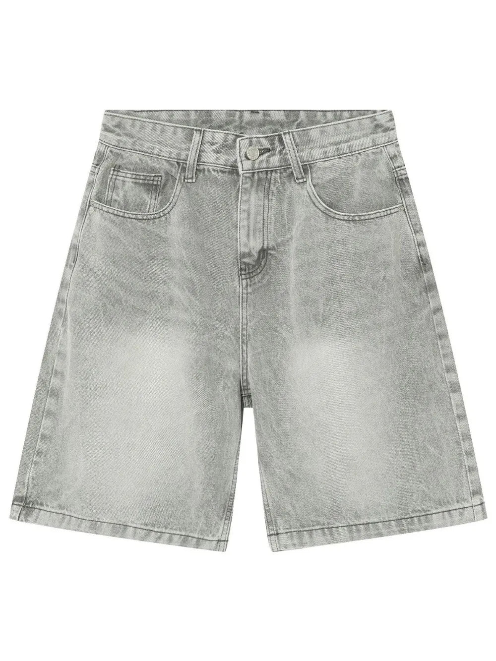 Baggy denim bermuda shorts in gray with a washed effect and buttoned fly.