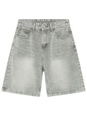 Baggy denim bermuda shorts in gray with a washed effect and buttoned fly.