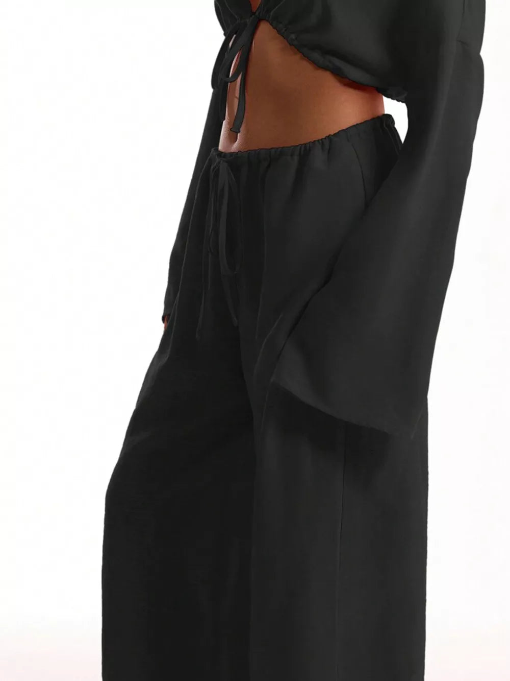Black maternity wide-leg pants with drawstring waist