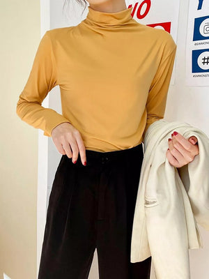 Solid Color Turtleneck Long Sleeve T-shirt, close-up detail