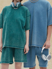 Vintage wash boxy t-shirt in deep teal and light blue, with crew neck and short sleeves.