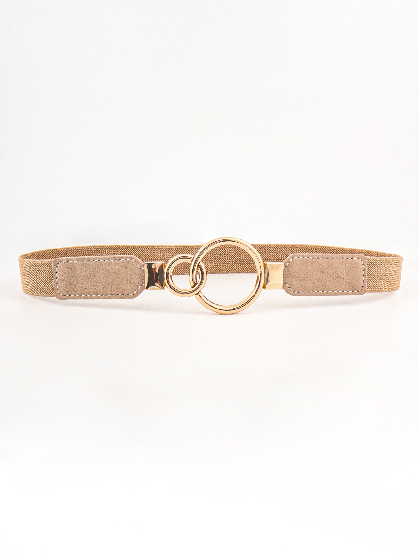 Tan elastic belt with interlocked gold rings and faux leather ends.