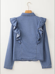 Denim ruffle yoke shirt in medium wash cotton with long sleeves and a collared neckline.