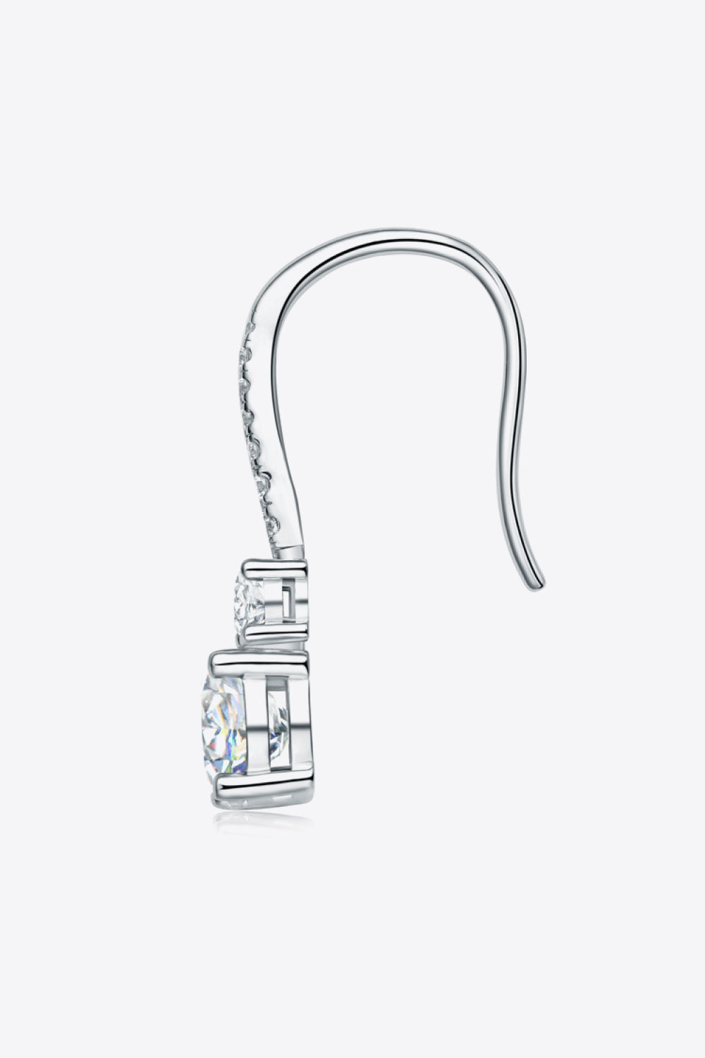 Silver moissanite drop earrings with a cascading design and sparkling accents.