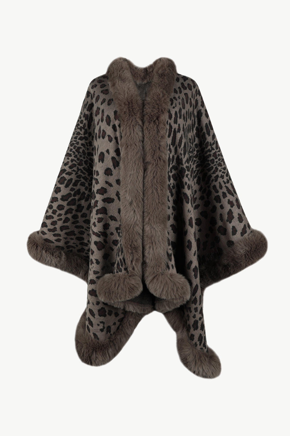 Leopard print cape with faux fur trim and cuffs in beige acrylic.