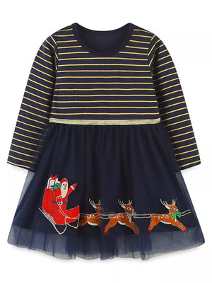 Navy tulle dress with Santa and reindeer embroidery, gold striped top.