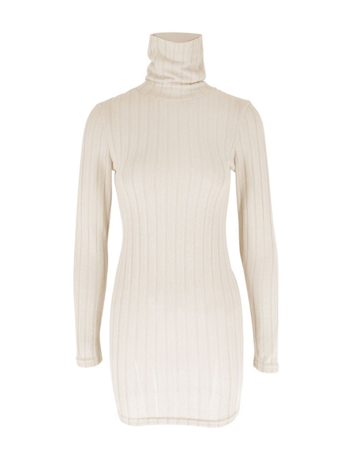 Apricot ribbed turtleneck bodycon mini dress with long sleeves.