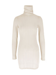 Apricot ribbed turtleneck bodycon mini dress with long sleeves.