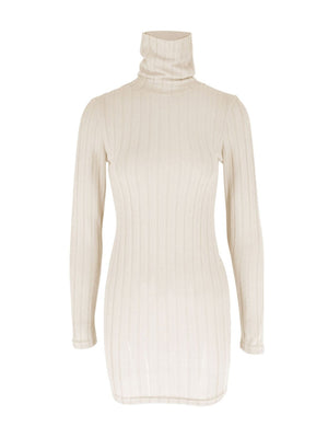 Apricot ribbed turtleneck bodycon mini dress with long sleeves.