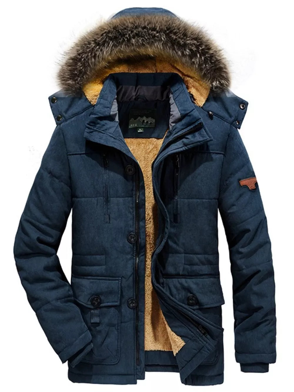 Men's dark blue puffer coat with faux fur hood and sherpa lining.