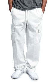 White fleece cargo lounge trousers with drawstring waist and side pockets.