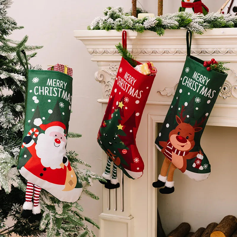 Animated Christmas stockings with 3D Santa, reindeer, and tree designs.