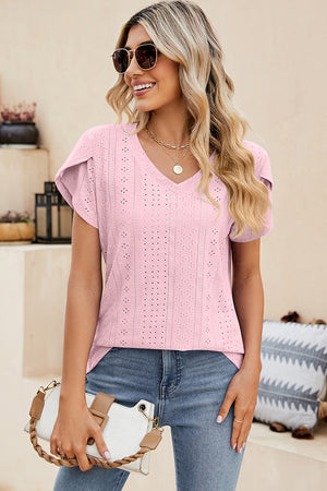 Blush pink eyelet sleeve detail V-neck top with short sleeves