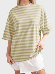 Oversized striped tee in Sage and Taupe with dropped sleeves and crew neck.