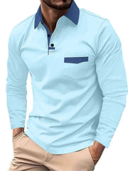 Long sleeve polo shirt in pastel blue with contrast navy collar and pocket detail