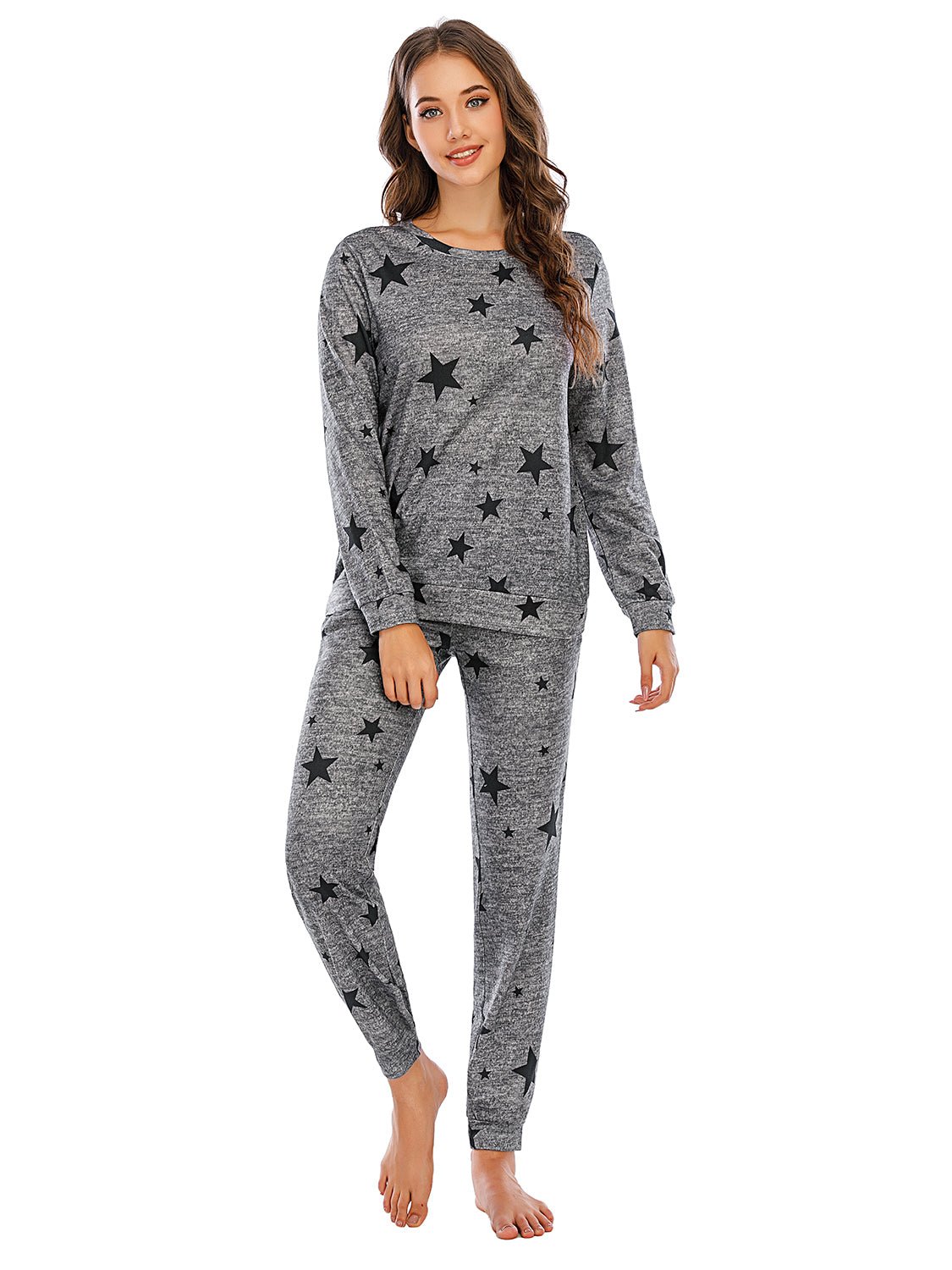 Heather Gray loungewear set with black stars, long sleeves, crew neck, and matching pants.