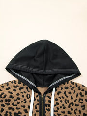 Zip front hoodie with leopard print and black hood, featuring white drawstrings.
