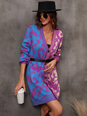 Colorblock leopard knit duster cardigan with button front and pockets