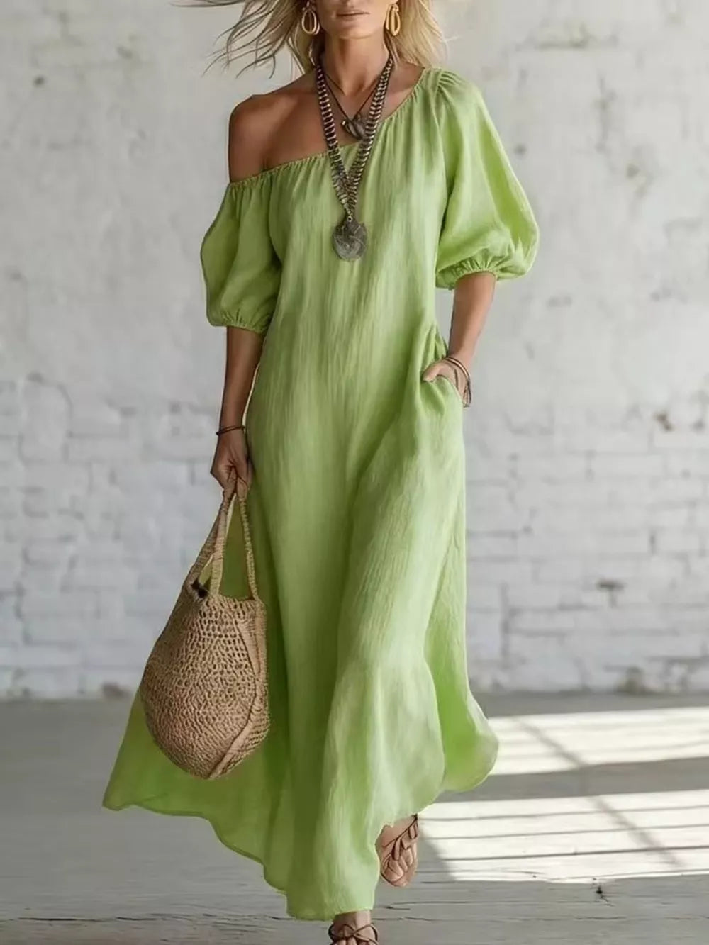One-shoulder Puff Sleeve Maxi Dress in Sky Blue, model styling view
