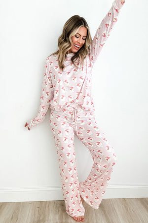 Blush pink Santa stripe loungewear set with long sleeves and drawstring pants.