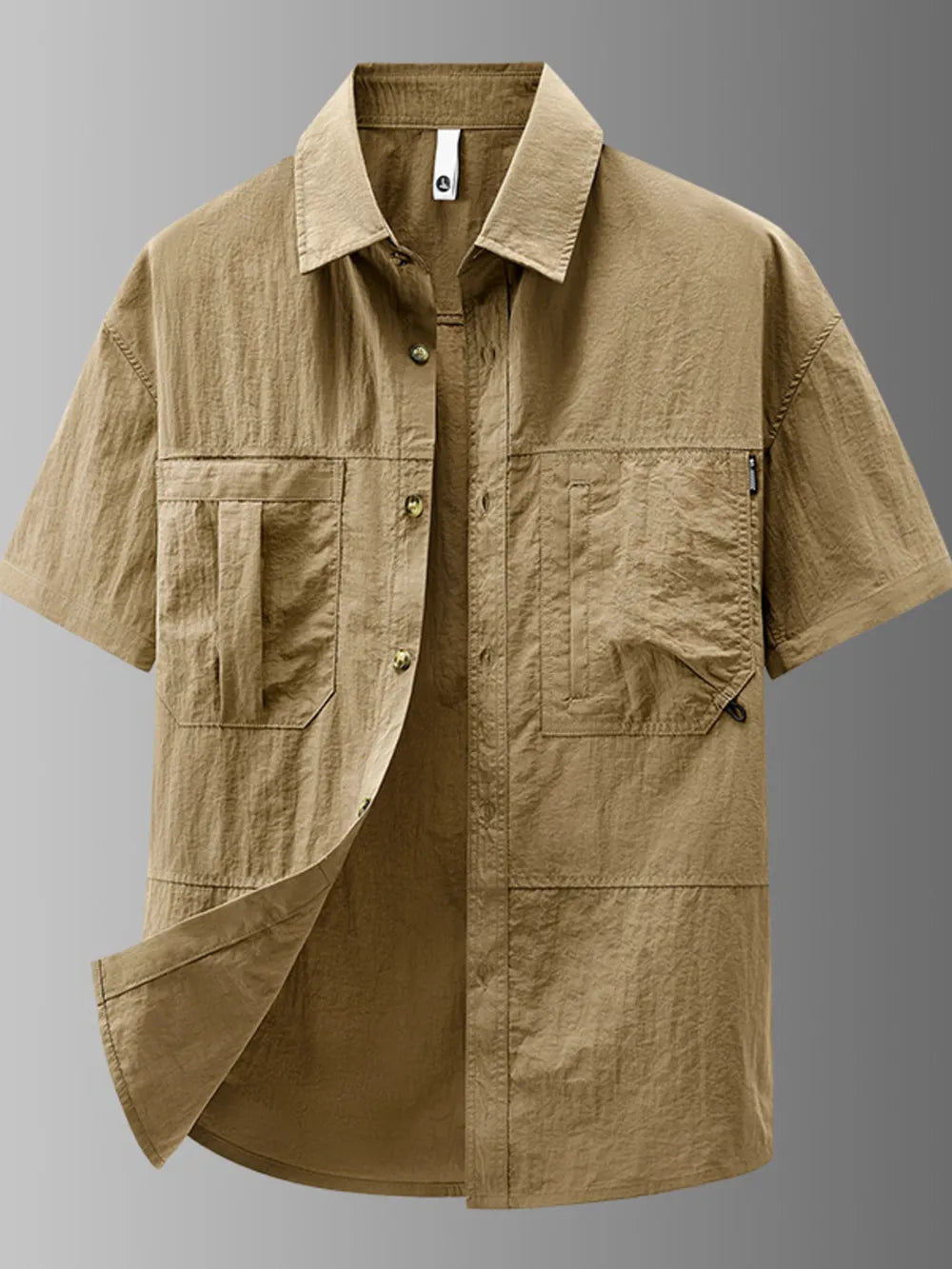 Khaki lightweight casual short-sleeve button-up shirt with dual chest pockets.