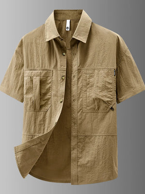 Khaki lightweight casual short-sleeve button-up shirt with dual chest pockets.