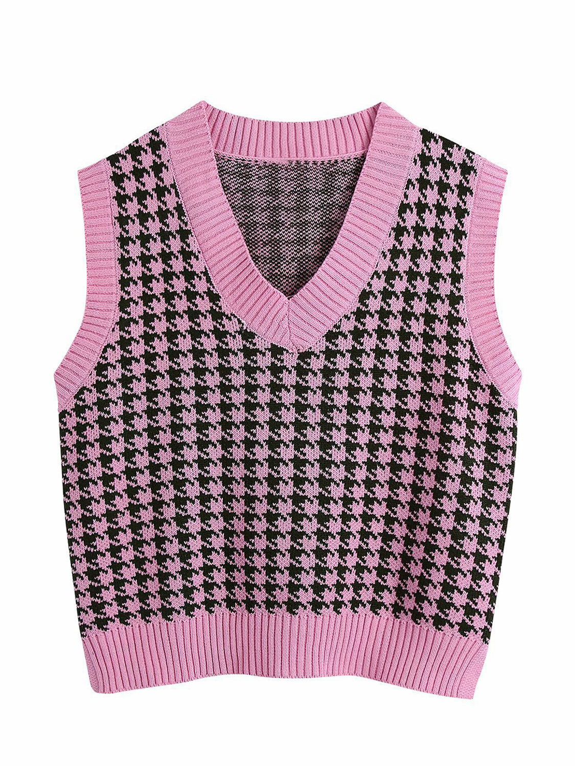 Houndstooth knit v-neck tank top in pink with black pattern.