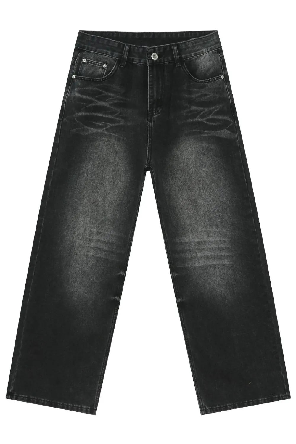 Dark wash denim jeans with a distressed, oversized wide-leg silhouette and cat's whisker detailing.