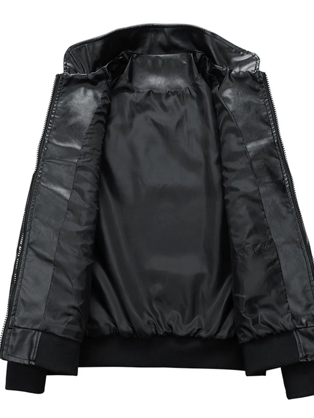 Black racing-inspired men's sport jacket with a smooth, shiny lining and zippered front.