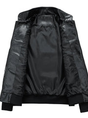 Black racing-inspired men's sport jacket with a smooth, shiny lining and zippered front.
