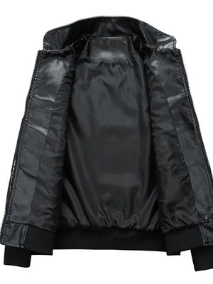 Black racing-inspired men's sport jacket with a smooth, shiny lining and zippered front.