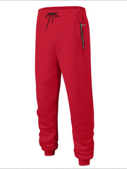 Red fleece joggers with drawstring waist and zip pocket detail