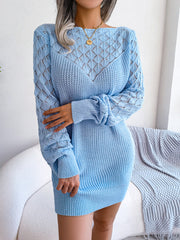 Light blue acrylic knit sweater dress with diamond pattern yoke and long sleeves.