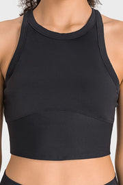 Black sculpted neckline crop top with racerback and curved seam detail