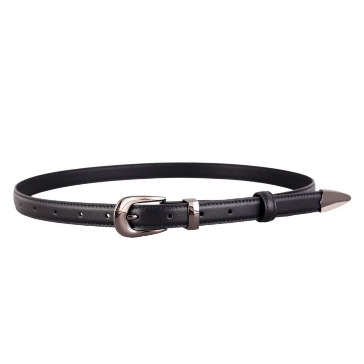 Black cowhide leather belt with metal buckle and pointed tip