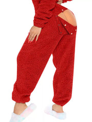 Red fleece hooded romper with open back and button detail