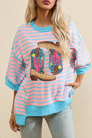 Blush pink and blue striped sweatshirt with sequin cowboy boot and cactus graphic.