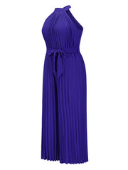 Royal blue halter neck pleated palazzo jumpsuit with tie waist.